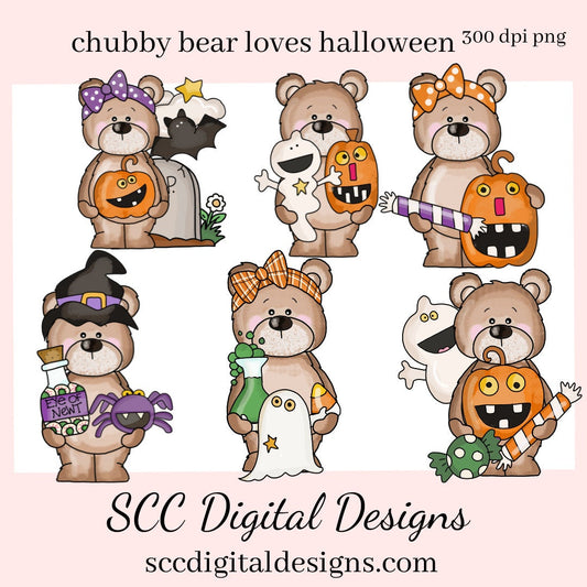Chubby Bear Loves Halloween Clipart, Whimsical Bear, Ghost, Pumpkins, Candy, Spiders, DIY Home Decor, Instant Download, Commercial Use, Clip Art Set PNG, DIY Party Printables, T-Shirt & Hoodie Design, Craft Supplies, Scrapbook Elements, Personal Use
