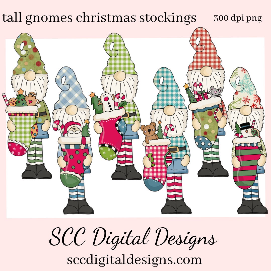 Tall Gnomes Christmas Stockings Clipart, Santa, Snowman, Reindeer, Xmas Candy, Cookies, Mouse, Mice, DIY Xmas Printables, T-Shirt & Hoodie Design, Teacher Resources, Instant Download, Commercial Use, Exclusive Clip Art Set, Craft Supplies, Scrapbook Elements, Personal Use