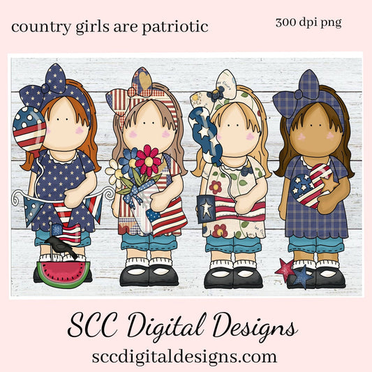 Country Girls Patriotic Clipart, Red White Blue Flags, Balloons, & Flowers, Instant Download, Commercial Use, Clip Art PNG, Digi Scrap, Craft Supplies, Scrapbook Elements  Create Printables, Use in your Scrapbooking, Create T-Shirts, Hoodies, Mugs, Tumblers & More!     Our clipart files come to you as 300 dpi PNG images.