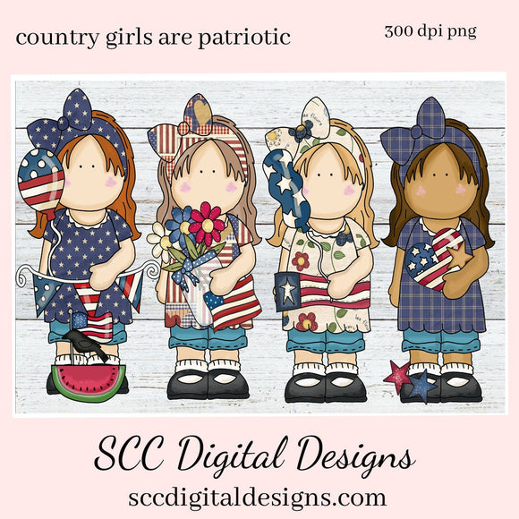 Country Girls Patriotic Clipart, Red White Blue Flags, Balloons, & Flowers, Instant Download, Commercial Use, Clip Art PNG, Digi Scrap, Craft Supplies, Scrapbook Elements  Create Printables, Use in your Scrapbooking, Create T-Shirts, Hoodies, Mugs, Tumblers & More!     Our clipart files come to you as 300 dpi PNG images.
