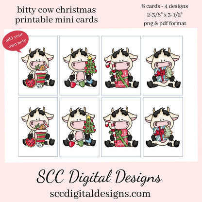 Bitty Cow Birthday Printable Mini Cards - 2 Sets of 8 Mini Cards With 4 Images, One Set Add Your Own Text, and One Set with Merry Christmas, and Happy Holidays, Stockings, Xmas Presents, Holiday Candy, Christmas Tree, and Cookies, Instant Download, Commercial Use - Each Mini Card is approximately 3.5 inch x 2.4 inch each