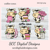 Coffee Cows Clipart, Black & White Cow, Pink White Flowers, Latte, Java Mug, Café Wall Art, Instant Download, Commercial Use, Clip Art Set PNG, DIY Party Printables, T-Shirt & Hoodie Design, Craft Supplies, Scrapbook Elements Use