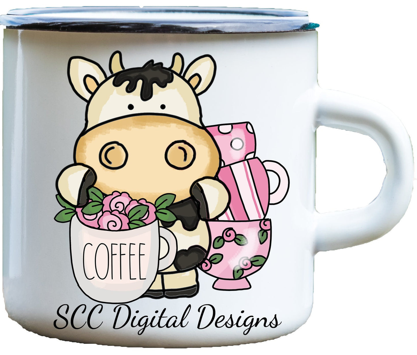 Coffee Cows Clipart, Black & White Cow, Pink White Flowers, Latte, Java Mug, Café Wall Art, Instant Download, Commercial Use, Clip Art Set PNG, DIY Party Printables, T-Shirt & Hoodie Design, Craft Supplies, Scrapbook Elements Use
