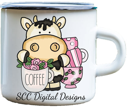 Coffee Cows Clipart, Black & White Cow, Pink White Flowers, Latte, Java Mug, Café Wall Art, Instant Download, Commercial Use, Clip Art Set PNG, DIY Party Printables, T-Shirt & Hoodie Design, Craft Supplies, Scrapbook Elements Use