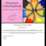 Dinosaurs Printable Coloring Book, 10 Pages Plus Cover Page, Prehistoric Animals, Home School & Teacher Resources, Fun and Educational, Instant Download