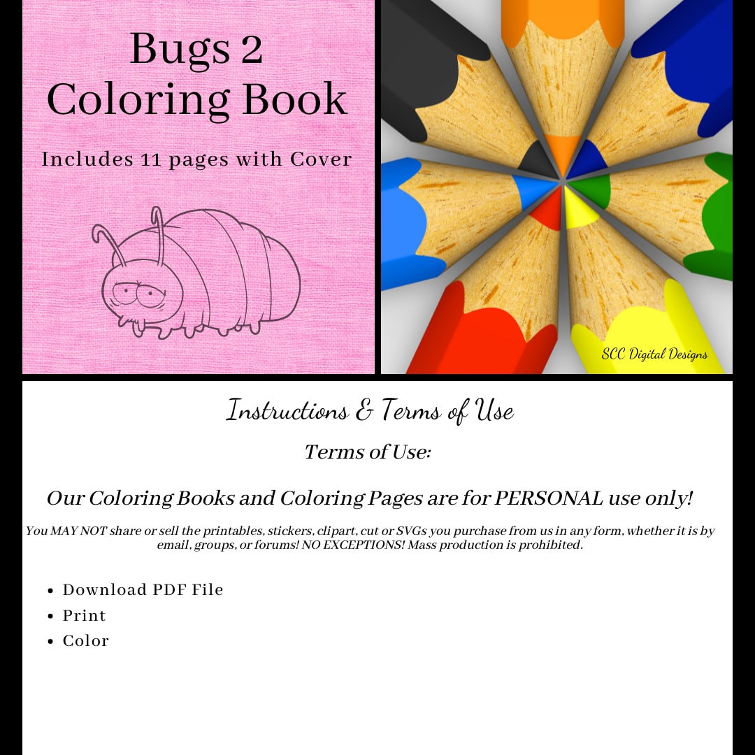 Bugs 2 Printable Coloring Book, 10 Pages Plus Cover Page, Lady Bug, Beatle, Mosquito, Worm, Grasshopper, Home School & Teacher Resources, Fun and Educational, Print at Home Page Kid Color Pages, Instant Download, Personal Use, Exclusive Design