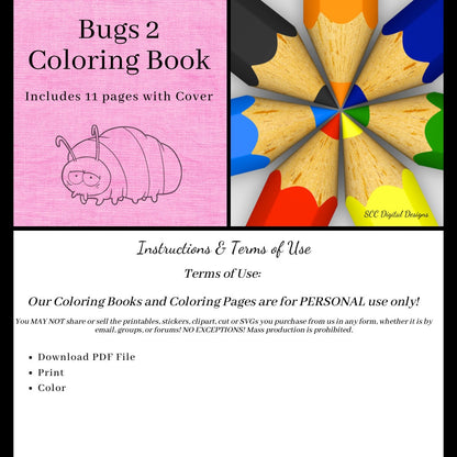 Bugs 2 Printable Coloring Book, 10 Pages Plus Cover Page, Lady Bug, Beatle, Mosquito, Worm, Grasshopper, Home School & Teacher Resources, Fun and Educational, Print at Home Page Kid Color Pages, Instant Download, Personal Use, Exclusive Design
