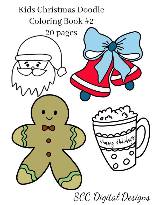 Christmas Doodle (2) Kids Printable Coloring Book, Reindeer, Stocking, Santa, Gingerbread, Home School & Teacher Resources, Fun and Educational, Print at Home Page Kids Color Pages, Instant Download, Personal Use, Exclusive Design