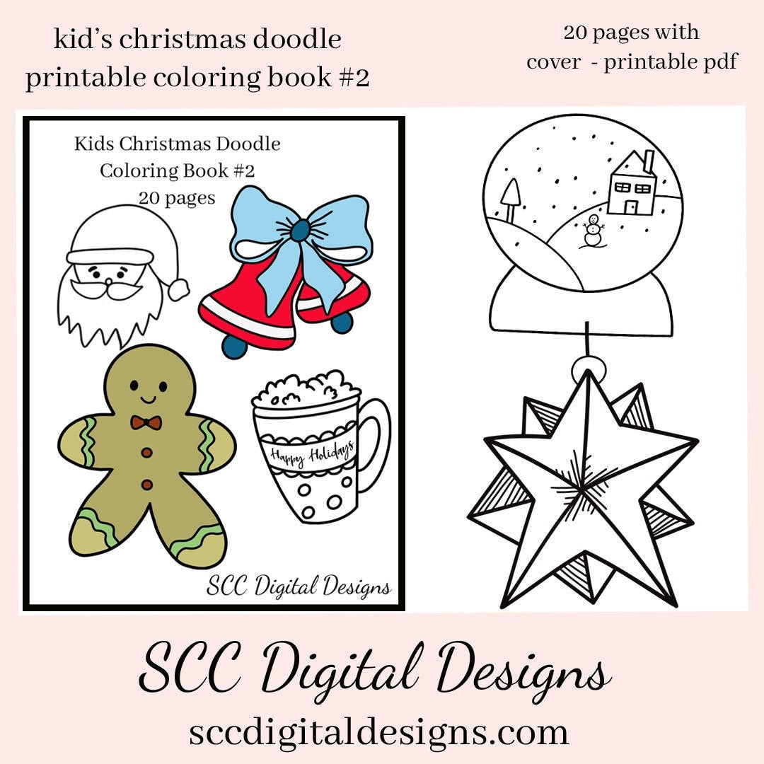 Christmas Doodle (2) Kids Printable Coloring Book, Reindeer, Stocking, Santa, Gingerbread, Home School & Teacher Resources, Fun and Educational, Print at Home Page Kids Color Pages, Instant Download, Personal Use, Exclusive Design