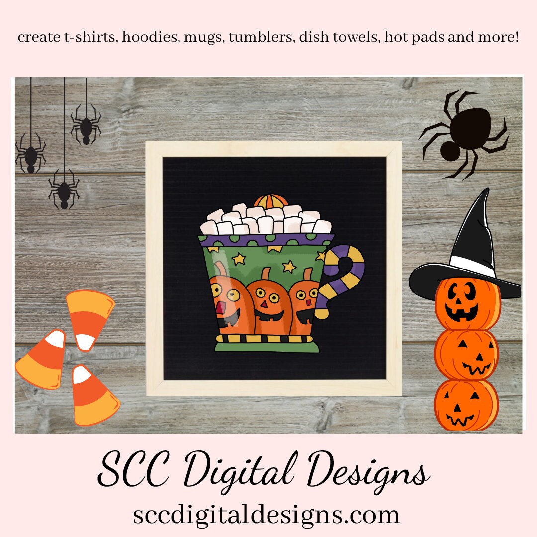 Halloween Mugs Clipart, Spooky Pumpkins Green Monster Bat, Witch, Cocoa Mug, Hot Chocolate, Instant Download, Commercial Use Clip Art Set