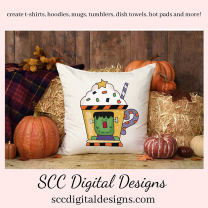Halloween Mugs Clipart, Spooky Pumpkins Green Monster Bat, Witch, Cocoa Mug, Hot Chocolate, Instant Download, Commercial Use Clip Art Set
