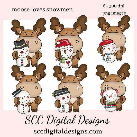 Moose Loves Snowmen Clipart, DIY Party Printables, T-Shirt & Hoodie Design, Teacher Resources, Instant Download, Commercial Use, Exclusive Clip Art Set, Craft Supplies, Scrapbook Elements, Personal Use, Snowman  Our clipart files come to you as 300 dpi PNG images.