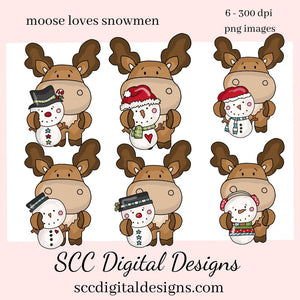 Moose Loves Snowmen Clipart, DIY Party Printables, T-Shirt & Hoodie Design, Teacher Resources, Instant Download, Commercial Use, Exclusive Clip Art Set, Craft Supplies, Scrapbook Elements, Personal Use, Snowman  Our clipart files come to you as 300 dpi PNG images.