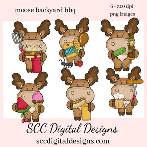 Moose Backyard Barbeque Clipart, BBQ, Hotdogs, Beer, Ice Cream Cone, Watermelon, DIY Party Printables, T-Shirt & Hoodie Design, Teacher Resources, Instant Download, Commercial Use, Exclusive Clip Art Set, Craft Supplies, Scrapbook Elements, Personal Use, Snowman  Our clipart files come to you as 300 dpi PNG images.