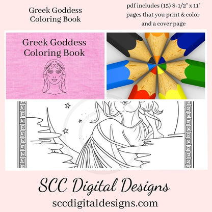 Greek Goddess Printable Coloring Book, 16 Page PDF, Tyche, Selene, Nemesis, Mythology Illustrated Scenes, Instant Download, Personal Use   Set is great for adults and children.