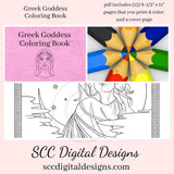 Greek Goddess Printable Coloring Book, 16 Page PDF, Tyche, Selene, Nemesis, Mythology Illustrated Scenes, Instant Download, Personal Use   Set is great for adults and children.