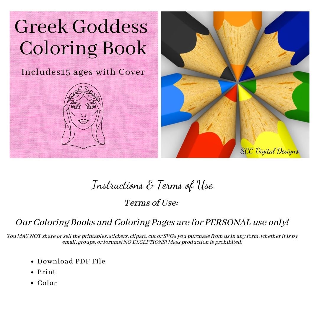 Greek Goddess Printable Coloring Book, 16 Page PDF, Tyche, Selene, Nemesis, Mythology Illustrated Scenes, Instant Download, Personal Use   Set is great for adults and children.