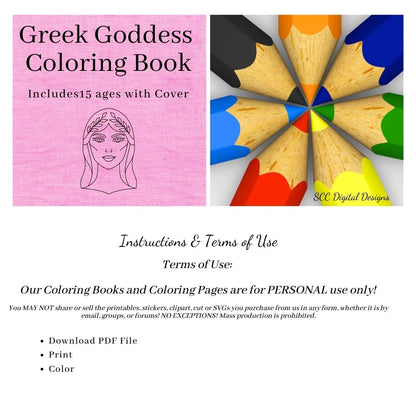 Greek Goddess Printable Coloring Book, 16 Page PDF, Tyche, Selene, Nemesis, Mythology Illustrated Scenes, Instant Download, Personal Use   Set is great for adults and children.
