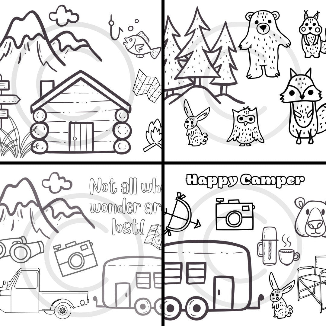 Camping 16 Page Printable Coloring Pages, Ten, Lantern, Wildlife, Camper, Bike, Cabin, Map, Flashlight & More! Home School & Teacher Resources, Fun Educational, Instant Download, Exclusive Coloring Book Design