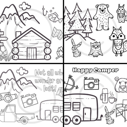Camping 16 Page Printable Coloring Pages, Ten, Lantern, Wildlife, Camper, Bike, Cabin, Map, Flashlight & More! Home School & Teacher Resources, Fun Educational, Instant Download, Exclusive Coloring Book Design