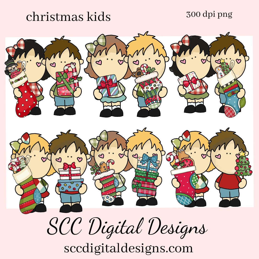 Christmas Kids Clipart, Boys & Girls with Xmas Gifts, Treats, T-Shirt & Hoodie Design, Teacher Resources, Instant Download, Commercial Use, Exclusive Clip Art Set, Craft Supplies, Scrapbook Elements, Personal Use  Our clipart files come to you as 300 dpi PNG images.