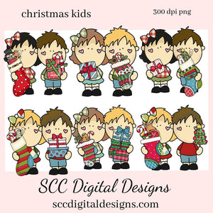 Christmas Kids Clipart, Boys & Girls with Xmas Gifts, Treats, T-Shirt & Hoodie Design, Teacher Resources, Instant Download, Commercial Use, Exclusive Clip Art Set, Craft Supplies, Scrapbook Elements, Personal Use  Our clipart files come to you as 300 dpi PNG images.