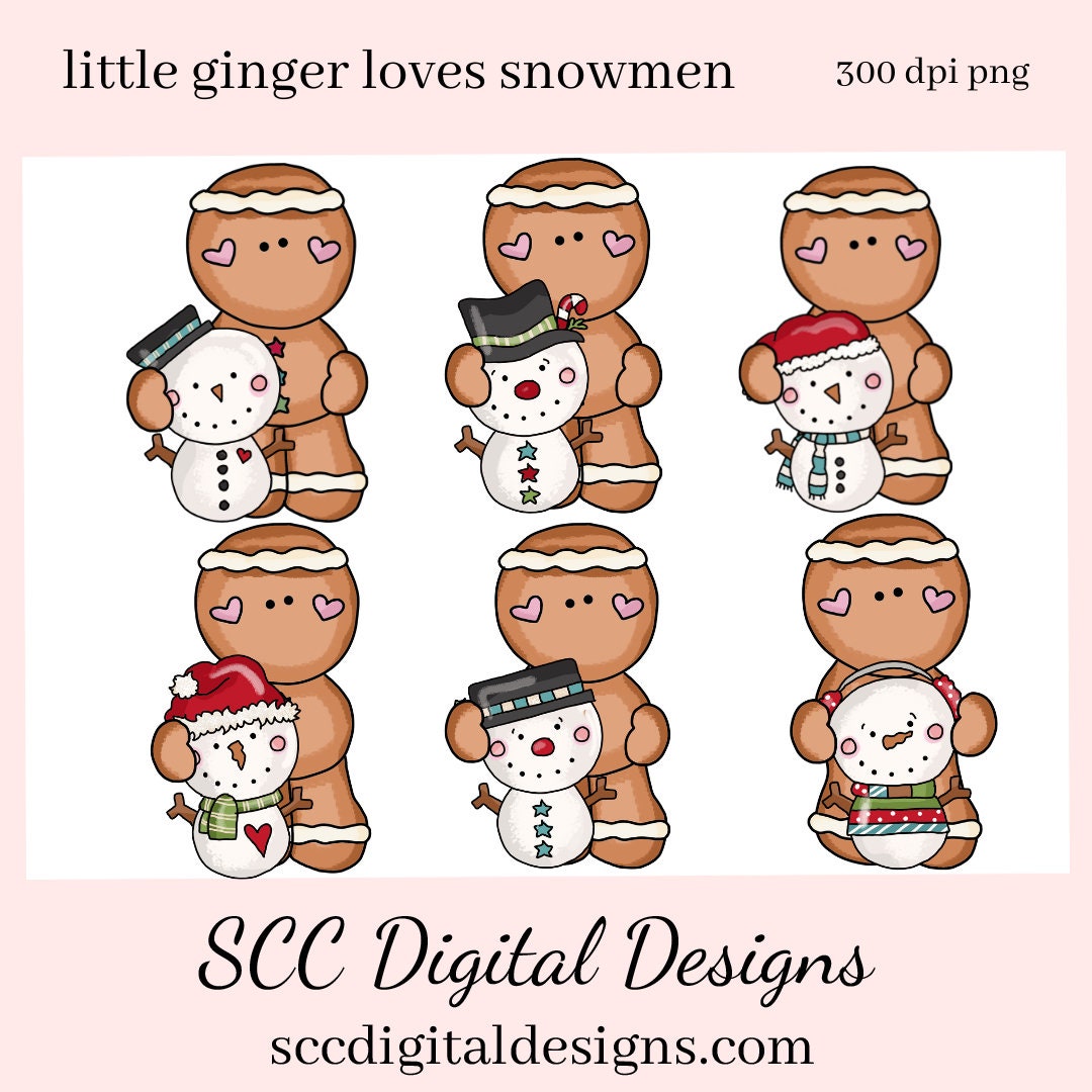 Little Ginger Loves Snowmen Clipart, Top Hat + Santa Hat Snowman, T-Shirt & Hoodie Design, Teacher Resources, Instant Download, Commercial Use, Exclusive Clip Art Set, Craft Supplies, Scrapbook Elements, Personal Use  Our clipart files come to you as 300 dpi PNG images.
