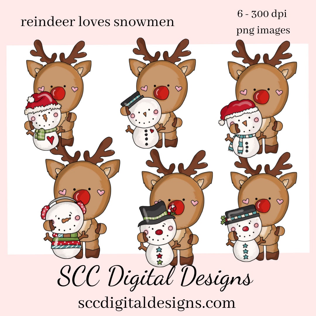 Reindeer Loves Snowmen, Whimsical Snowman, DIY Xmas Printables, T-Shirt & Hoodie Design, Teacher Resources, Instant Download, Commercial Use, Exclusive Clip Art Set, Craft Supplies, Scrapbook Elements, Personal Use