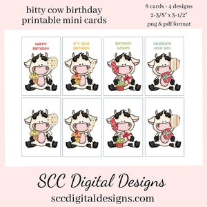 Bitty Cow Birthday Printable Mini Cards - 8 Mini Cards With 4 Images, Cupcakes, Presents, Balloons, Instant Download, Commercial Use - Each Mini Card is approximately 3.5 inch x 2.4 inch each