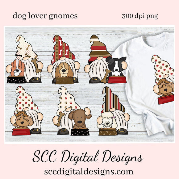 Dog Lover Gnomes Clipart, Border Collie, Poodle, Spaniel, Chocolate Lab, Puppies, Instant Download, Commercial Use, Clip Art Set PNG, DIY Party Printables, T-Shirt & Hoodie Design, Craft Supplies, Scrapbook Elements, Personal Use