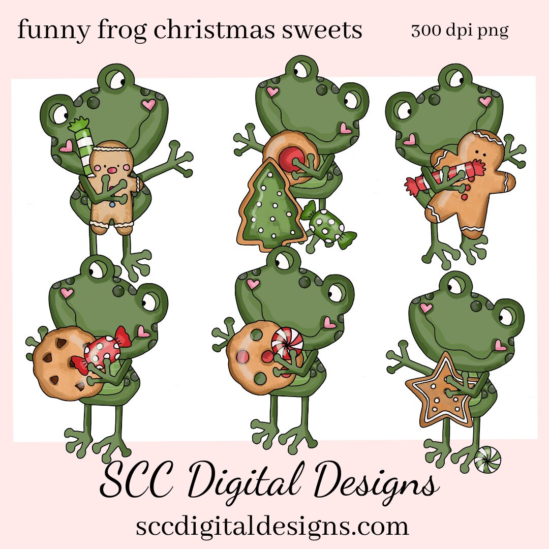 Funny Frog Christmas Sweets Clipart, Xmas Cookies & Candy, Create Holiday Printables, Instant Download, Commercial Use, Exclusive Clip Art PNG Set, T-Shirt & Hoodie Design, Craft Supplies, Scrapbook Elements, Personal Use, DIY Frog Lover Gifts  Our clipart files come to you as 300 dpi PNG images.