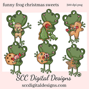 Funny Frog Christmas Sweets Clipart, Xmas Cookies & Candy, Create Holiday Printables, Instant Download, Commercial Use, Exclusive Clip Art PNG Set, T-Shirt & Hoodie Design, Craft Supplies, Scrapbook Elements, Personal Use, DIY Frog Lover Gifts  Our clipart files come to you as 300 dpi PNG images.