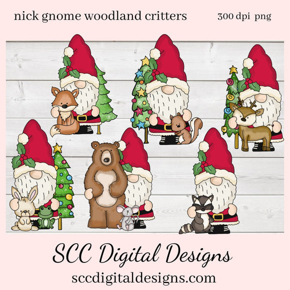 Nick Gnome Woodland Critters Clipart, Santa, Bear, Fox, Bunny, Racoon, Reindeer, Create Christmas Decor, Create Holiday Printables, Instant Download, Commercial Use, Clip Art PNG Set, T-Shirt & Hoodie Design, Craft Supplies, Scrapbook Elements, Personal Use  Our clipart files come to you as 300 dpi PNG images.