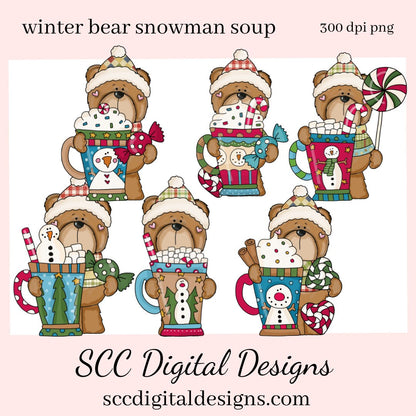 Winter Bear Snowman Soup Clipart, Whimsical Bears, Hot Chocolate Mug, Create Christmas Decor, Create Holiday Printables, Instant Download, Commercial Use, Clip Art PNG Set, T-Shirt & Hoodie Design, Craft Supplies, Scrapbook Elements, Personal Use  Our clipart files come to you as 300 dpi PNG images.   