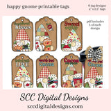 Happy Gnome Printable Tags, Christmas Gift Tag, Hostess Gift Hang Tag, Kid's Holiday School Social Card, that you print at home. Each Tag is approximately 4" x 2 1/2" each. Tags are created with Snowmen Cocoa Mugs, Word Art, Holiday Candy, & Christmas Stockings. Instant Download, Commercial Use   Print on sticker paper for sticker gift tags!!