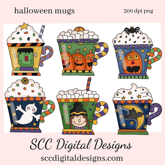 Halloween Mugs Clipart, Spooky Pumpkins Green Monster Bat, Witch, Cocoa Mug, Hot Chocolate, Instant Download, Commercial Use Clip Art Set