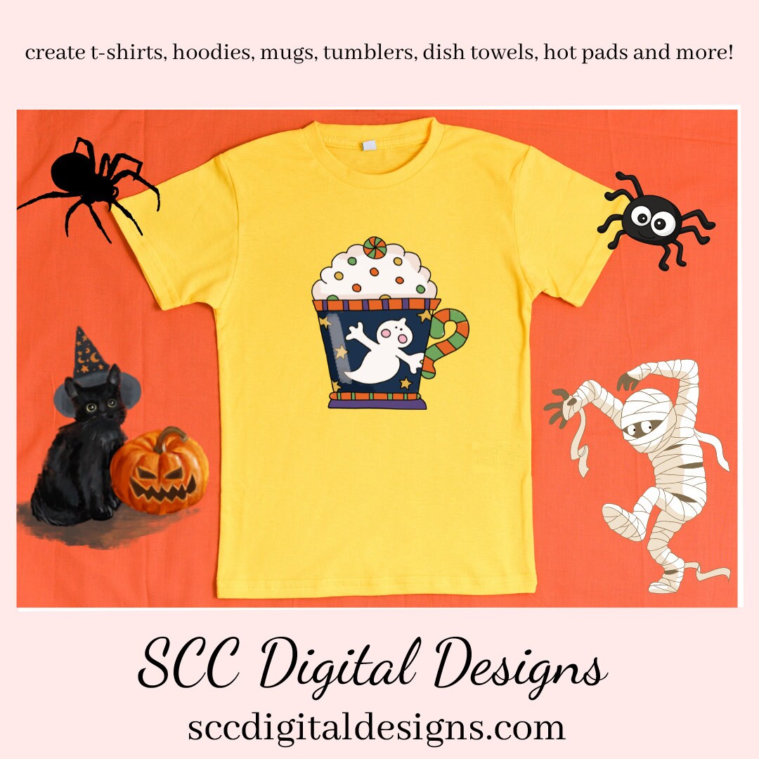 Halloween Mugs Clipart, Spooky Pumpkins Green Monster Bat, Witch, Cocoa Mug, Hot Chocolate, Instant Download, Commercial Use Clip Art Set