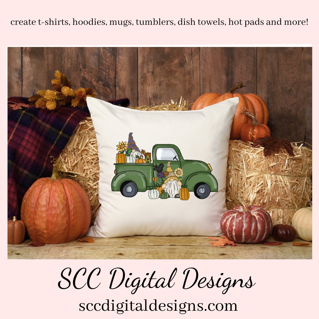 Festive Fall Gnome Clipart, Vintage Green Truck, Sunflowers, Pumpkins, Birdhouse, DIY T-Shirts, Mugs, Welcome Mat, Instant Download, Commercial Use, Clip Art Set DIY Party Printables, T-Shirt & Hoodie Design, Craft Supplies, Scrapbook Elements, Personal Use  Our clipart files come to you as 300 dpi PNG images.