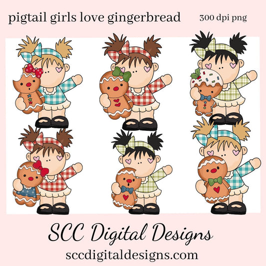 Gingerbread PNG, Pigtail Girls, Christmas Cookies, DIY Gift for Her, Instant Download, Exclusive Clipart, Commercial Use Clip Art Set, DIY Xmas Printables, Create Christmas Decor, Create Holiday Printables, T-Shirt & Hoodie Design, Craft Supplies, Scrapbook Elements, Personal Use