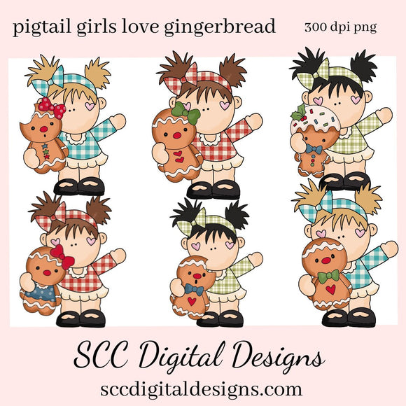 Gingerbread PNG, Pigtail Girls, Christmas Cookies, DIY Gift for Her, Instant Download, Exclusive Clipart, Commercial Use Clip Art Set, DIY Xmas Printables, Create Christmas Decor, Create Holiday Printables, T-Shirt & Hoodie Design, Craft Supplies, Scrapbook Elements, Personal Use