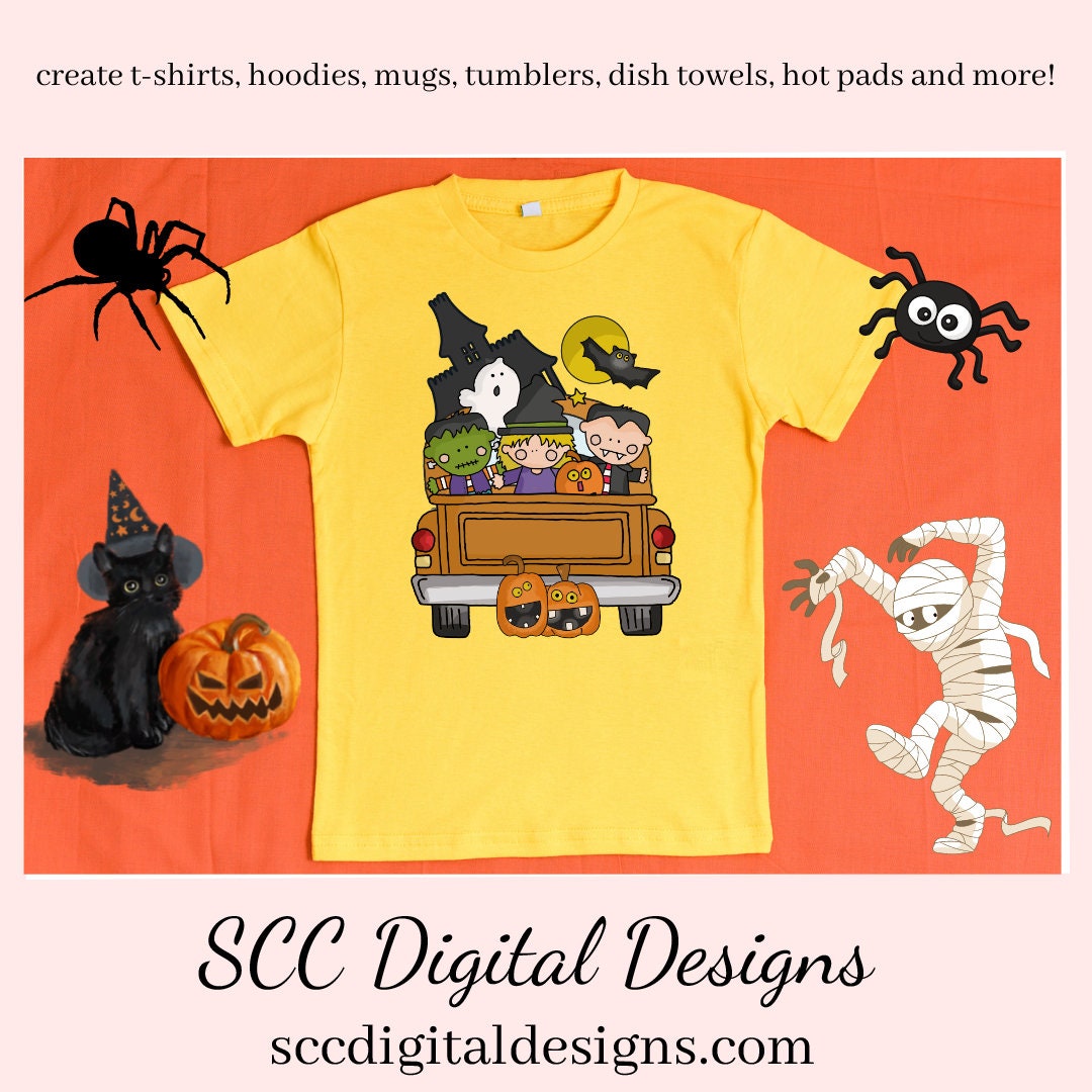 Halloween Kids Clipart, Pumpkins, Ghost, Bat, Vintage Truck, Witch Hat, Haunted House, Instant Download, Commercial Use PNG, Clip Art Set