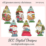 Elf Gnomes Merry Christmas Clipart, Holiday Presents, Xmas Stockings, Nutcracker, Gingerbread, Instant Download, Commercial Use PNG, Exclusive Clip Art Set