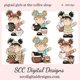 Pig Tail Girls at the Coffee Shop Clipart, Mocha, Latte, DIY Gift for Her, Coffee House Decor, Instant Download, Commercial Use PNG, Exclusive Clip Art Set