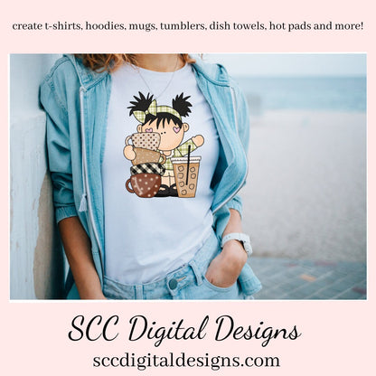 Pig Tail Girls at the Coffee Shop Clipart, Mocha, Latte, DIY Gift for Her, Coffee House Decor, Instant Download, Commercial Use PNG, Exclusive Clip Art Set