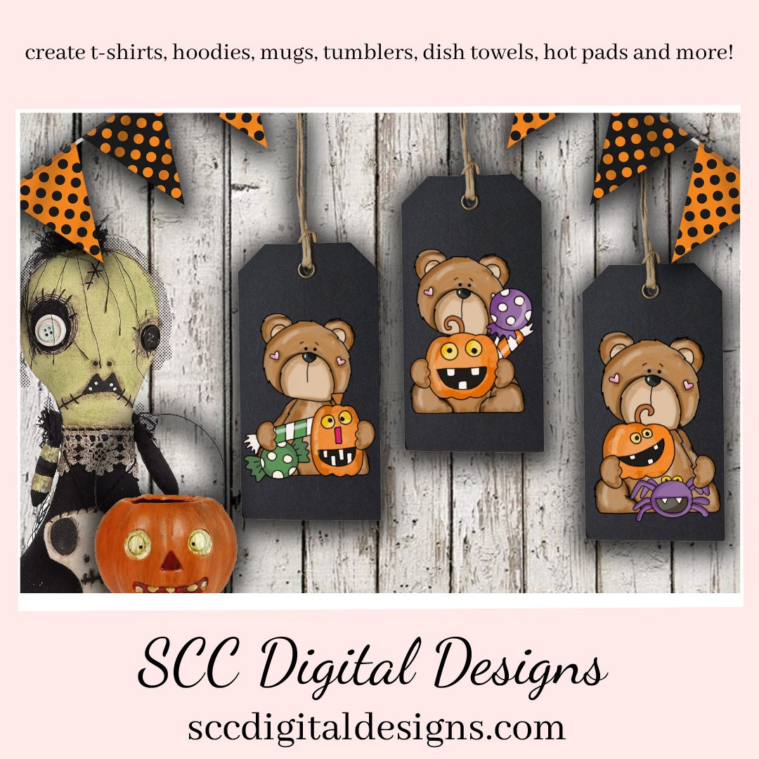 Halloween Bears Clipart, Whimsical Bear, Pumpkin, Spider, Candy, Witch Potion, Party Printables, Instant Download, Commercial Use, Clip Art    Our clipart files come to you as 300 dpi PNG images.   
