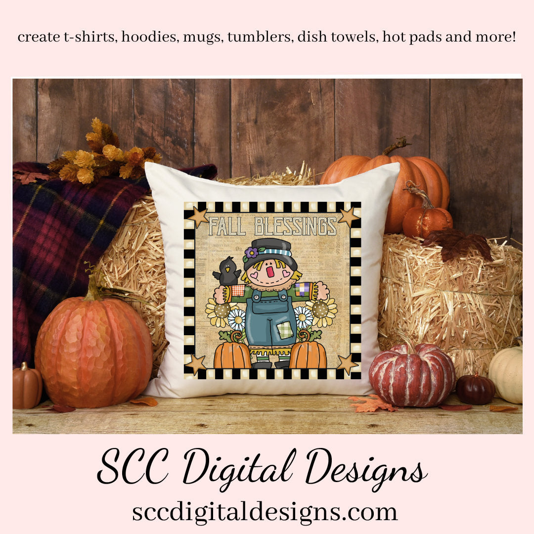 Fall Blessings Clipart, Scarecrow, Pumpkins, Sunflowers, DIY Autumn Farmhouse Décor, Instant Download, Commercial Use, Clip Art PNG Set, T-Shirt & Hoodie Design, Craft Supplies, Scrapbook Elements, Personal Use  Our clipart files come to you as 300 dpi PNG images.