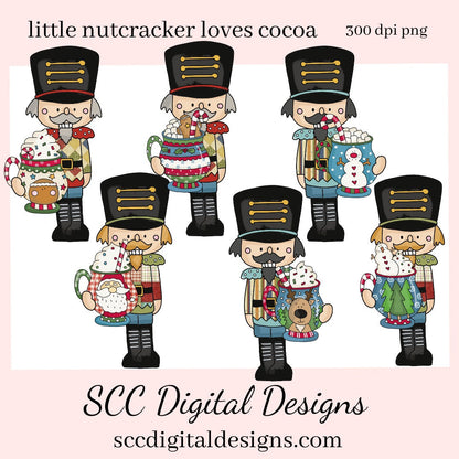 Little Nutcracker Loves Cocoa Clipart, Hot Chocolate Mugs, Create Christmas Decor, Create Holiday Printables, Instant Download, Commercial Use, Clip Art PNG Set, T-Shirt & Hoodie Design, Craft Supplies, Scrapbook Elements, Personal Use  Our clipart files come to you as 300 dpi PNG images.