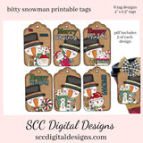 Bitty Snowman Printable Tags, Christmas Gift Tag, Hostess Gift Hang Tag, Kid's Holiday School Social Card, that you print at home. Each Tag is approximately 4" x 2 1/2" each. Tags are created with Snowmen Cocoa Mugs, Word Art, Holiday Candy, & Christmas Stockings. Instant Download, Commercial Use   Print on sticker paper for sticker gift tags!!