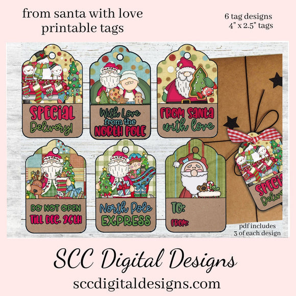 From Santa With Love Printable Tags, Print at Home Gift Tag, Junk Journal Ephemera,  Xmas Holiday Card, Instant Download, Commercial Use