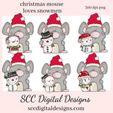 Christmas Mouse Loves Snowmen Exclusive Clipart, Black Top Hat Snowman, Santa Hat, Ear Muffs, Scrapbook Elements, Instant Download, Commercial Use, Clip Art PNG Set, T-Shirt & Hoodie Design, Craft Supplies, Scrapbook Elements, Personal Use  Our clipart files come to you as 300 dpi PNG images.